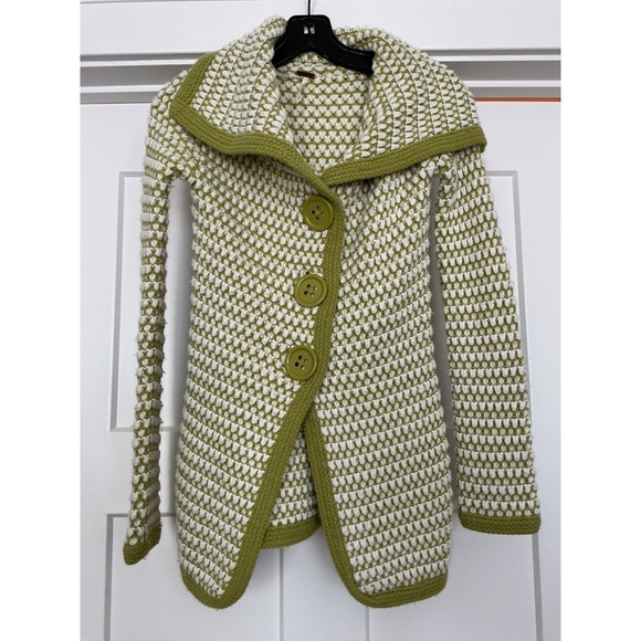 Free People Sweaters - Women's Free People chunky buttoned knit sweater, green & white, Sz XS